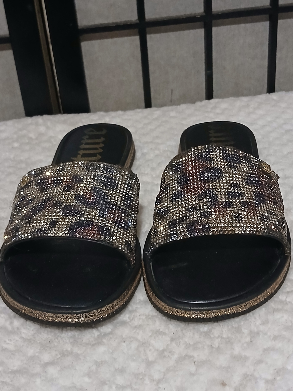 Juicy Couture Black Slides with Gold and Multi-Tone Rhinestones